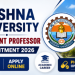 Krishna University Assistant Professor Recruitment 2026 banner featuring university logo, campus building, 27 vacancies, apply online section, and pharma job opportunities.