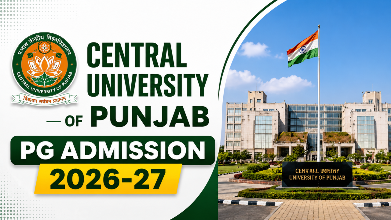 Central University of Punjab PG Admission 2026-27 thumbnail featuring university logo, campus building, and admission announcement banner.