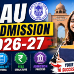 Attractive 16:9 thumbnail for BBAU PG Admission 2026-27 featuring Babasaheb Bhimrao Ambedkar University campus, a smiling female student holding books, bold text highlighting admission details, and icons for courses, eligibility, fees, and admission process.