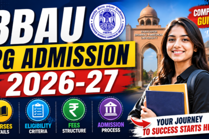 Attractive 16:9 thumbnail for BBAU PG Admission 2026-27 featuring Babasaheb Bhimrao Ambedkar University campus, a smiling female student holding books, bold text highlighting admission details, and icons for courses, eligibility, fees, and admission process.