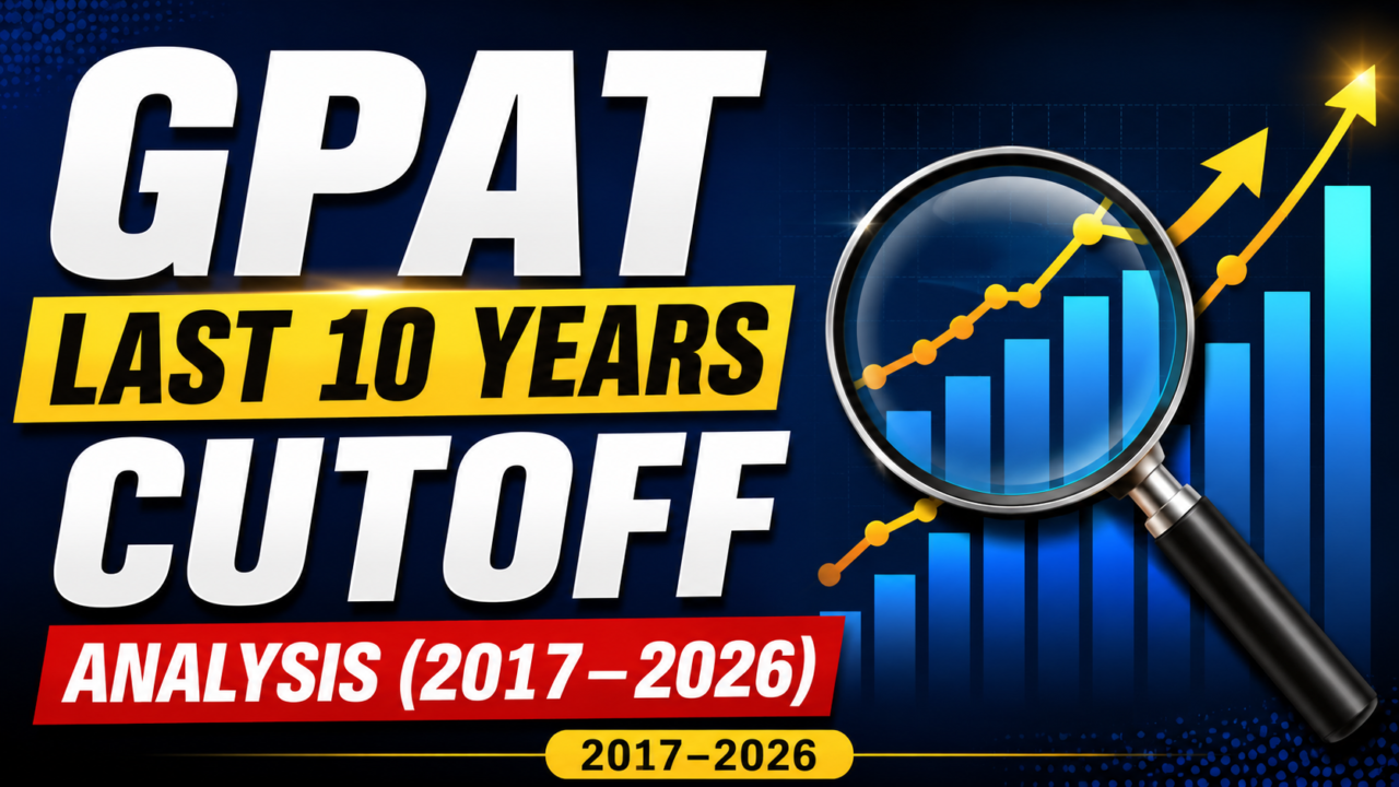Eye-catching 16:9 thumbnail for GPAT Last 10 Years Cutoff Analysis (2017–2026) featuring bold typography, growth chart graphics, magnifying glass, and upward trend arrows on a dark blue background.