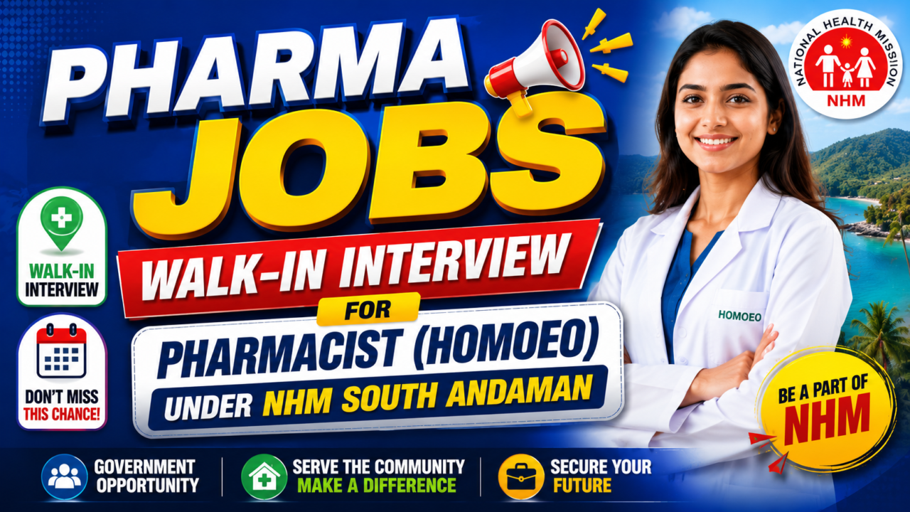Colorful 16:9 thumbnail for Pharma Jobs featuring a pharmacist in a white coat, bold “Walk-in Interview” text, NHM logo, and South Andaman healthcare recruitment theme with vibrant blue and yellow design.
