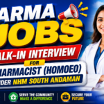 Colorful 16:9 thumbnail for Pharma Jobs featuring a pharmacist in a white coat, bold “Walk-in Interview” text, NHM logo, and South Andaman healthcare recruitment theme with vibrant blue and yellow design.