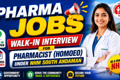 Colorful 16:9 thumbnail for Pharma Jobs featuring a pharmacist in a white coat, bold “Walk-in Interview” text, NHM logo, and South Andaman healthcare recruitment theme with vibrant blue and yellow design.