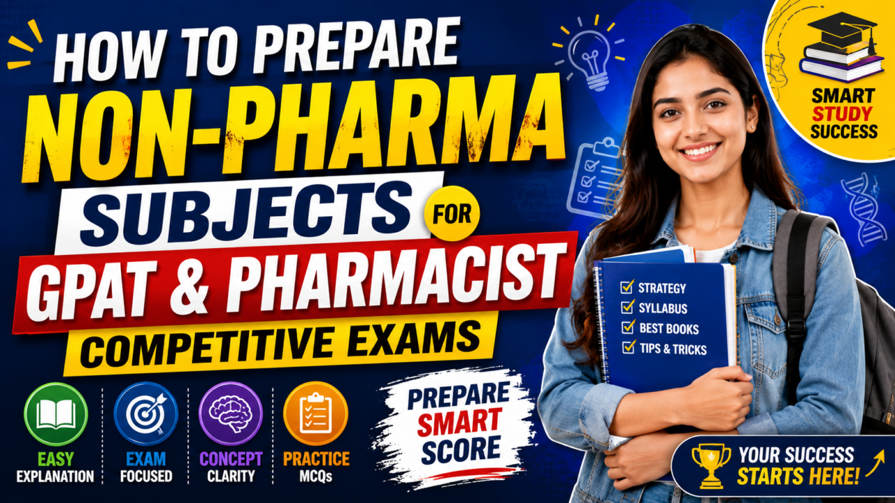 Attractive 16:9 educational thumbnail for GPAT and pharmacist competitive exam preparation featuring bold “How to Prepare Non-Pharma Subjects” text, a smiling student holding study notes, and colorful study strategy icons.