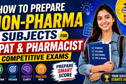 Attractive 16:9 educational thumbnail for GPAT and pharmacist competitive exam preparation featuring bold “How to Prepare Non-Pharma Subjects” text, a smiling student holding study notes, and colorful study strategy icons.