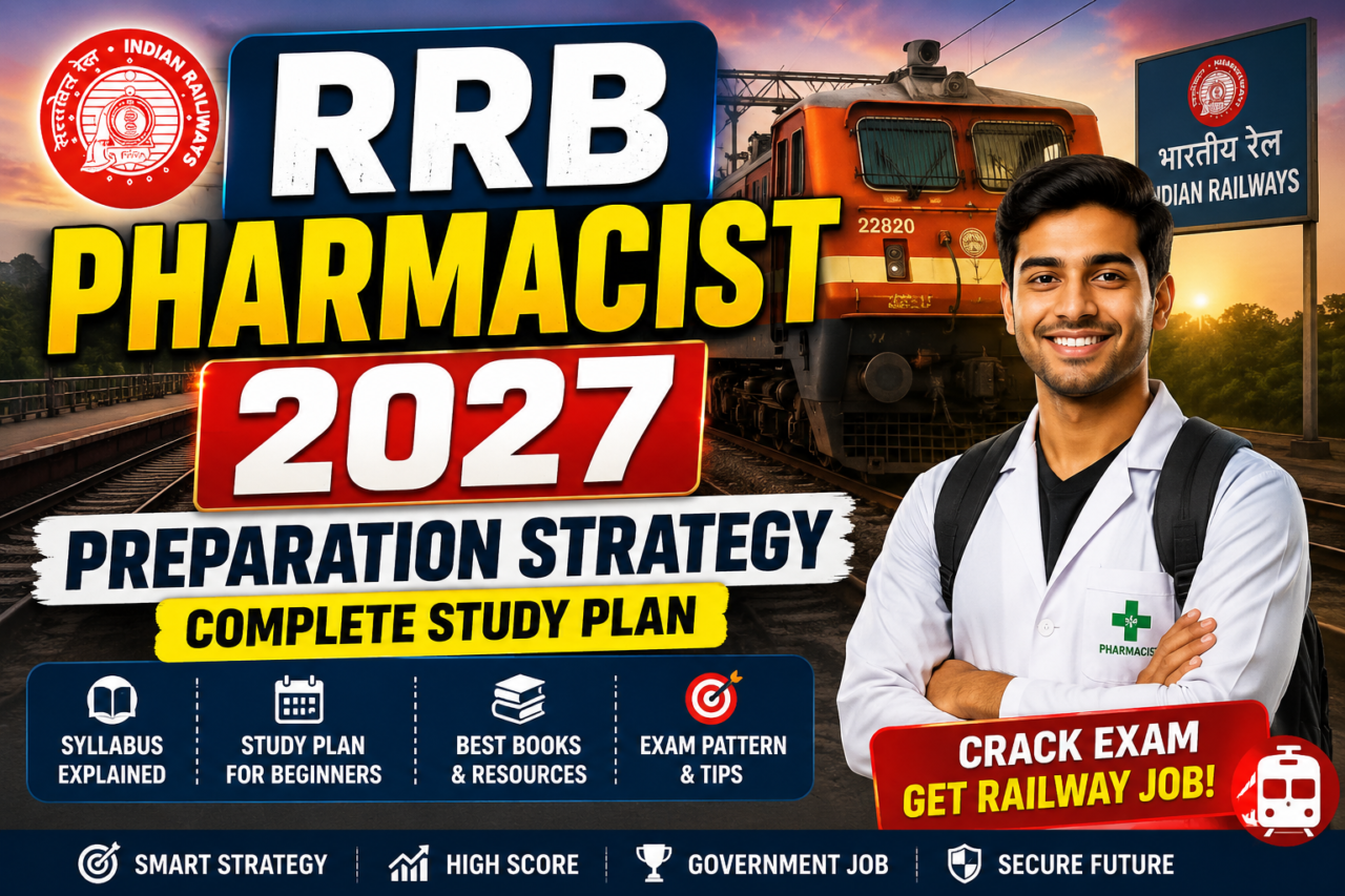 Eye-catching RRB Pharmacist 2027 preparation thumbnail featuring an Indian Railway train background, pharmacist student in white coat, railway logo, and bold text about study plan, syllabus, and exam strategy.