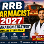 Eye-catching RRB Pharmacist 2027 preparation thumbnail featuring an Indian Railway train background, pharmacist student in white coat, railway logo, and bold text about study plan, syllabus, and exam strategy.