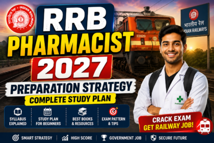 Eye-catching RRB Pharmacist 2027 preparation thumbnail featuring an Indian Railway train background, pharmacist student in white coat, railway logo, and bold text about study plan, syllabus, and exam strategy.