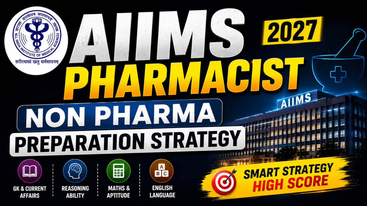 16:9 AIIMS Pharmacist 2027 thumbnail with dark background, AIIMS logo, hospital building, pharmacy symbol, and bold text highlighting non pharma preparation strategy.