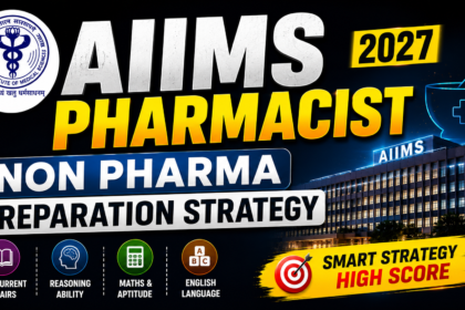 16:9 AIIMS Pharmacist 2027 thumbnail with dark background, AIIMS logo, hospital building, pharmacy symbol, and bold text highlighting non pharma preparation strategy.