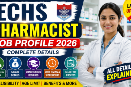 Attractive YouTube thumbnail for ECHS Pharmacist Job Profile 2026 featuring a smiling female pharmacist in a medical store, bold yellow and red text, ECHS logo, and highlights about salary, qualification, duty timing, and selection process.