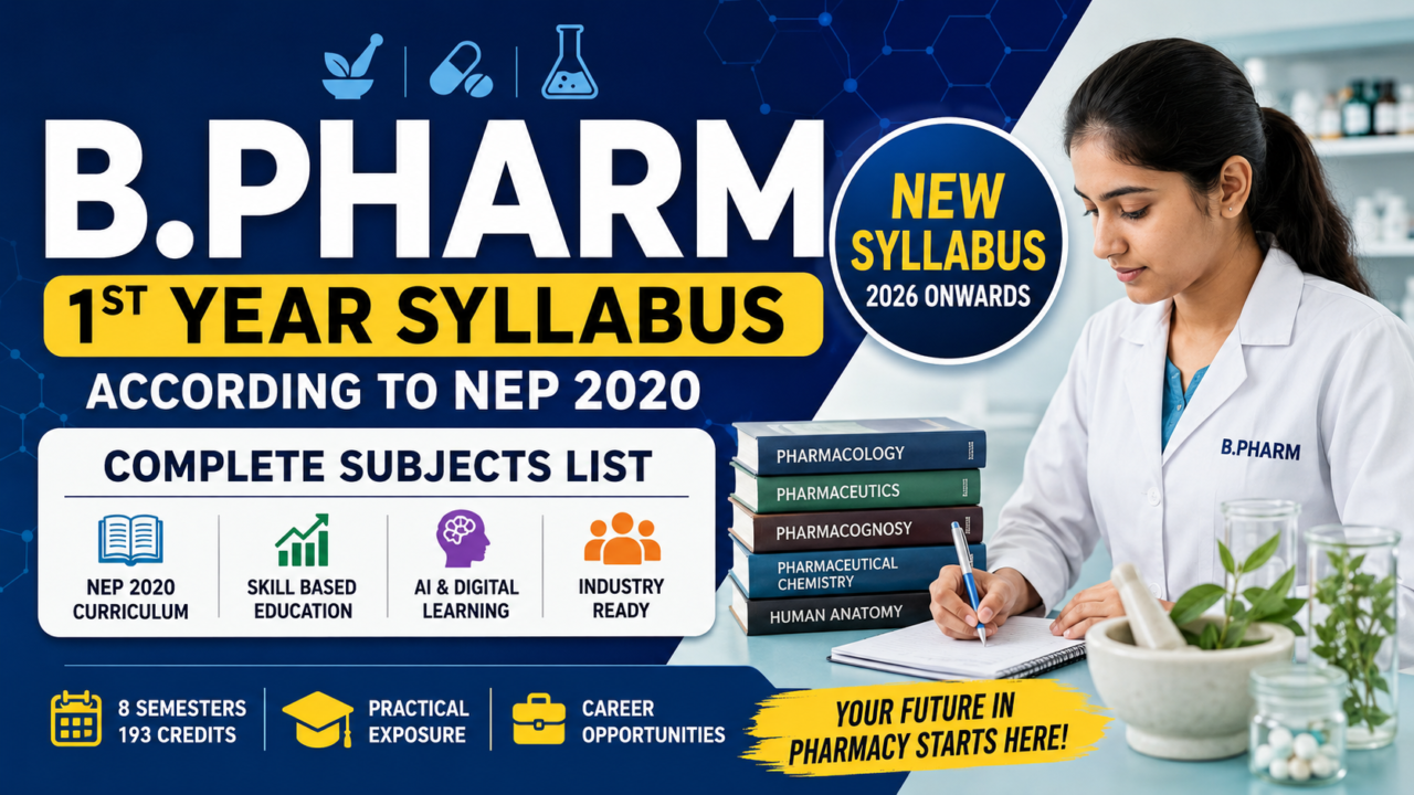 B.Pharm 1st Year Syllabus thumbnail featuring a pharmacy student in a lab, NEP 2020 curriculum highlights, AI learning, practical exposure, and complete subjects list for 2026 onwards.