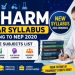 B.Pharm 1st Year Syllabus thumbnail featuring a pharmacy student in a lab, NEP 2020 curriculum highlights, AI learning, practical exposure, and complete subjects list for 2026 onwards.