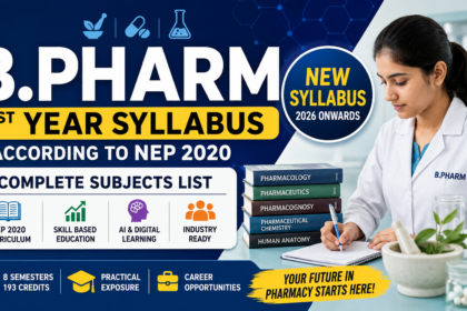 B.Pharm 1st Year Syllabus thumbnail featuring a pharmacy student in a lab, NEP 2020 curriculum highlights, AI learning, practical exposure, and complete subjects list for 2026 onwards.