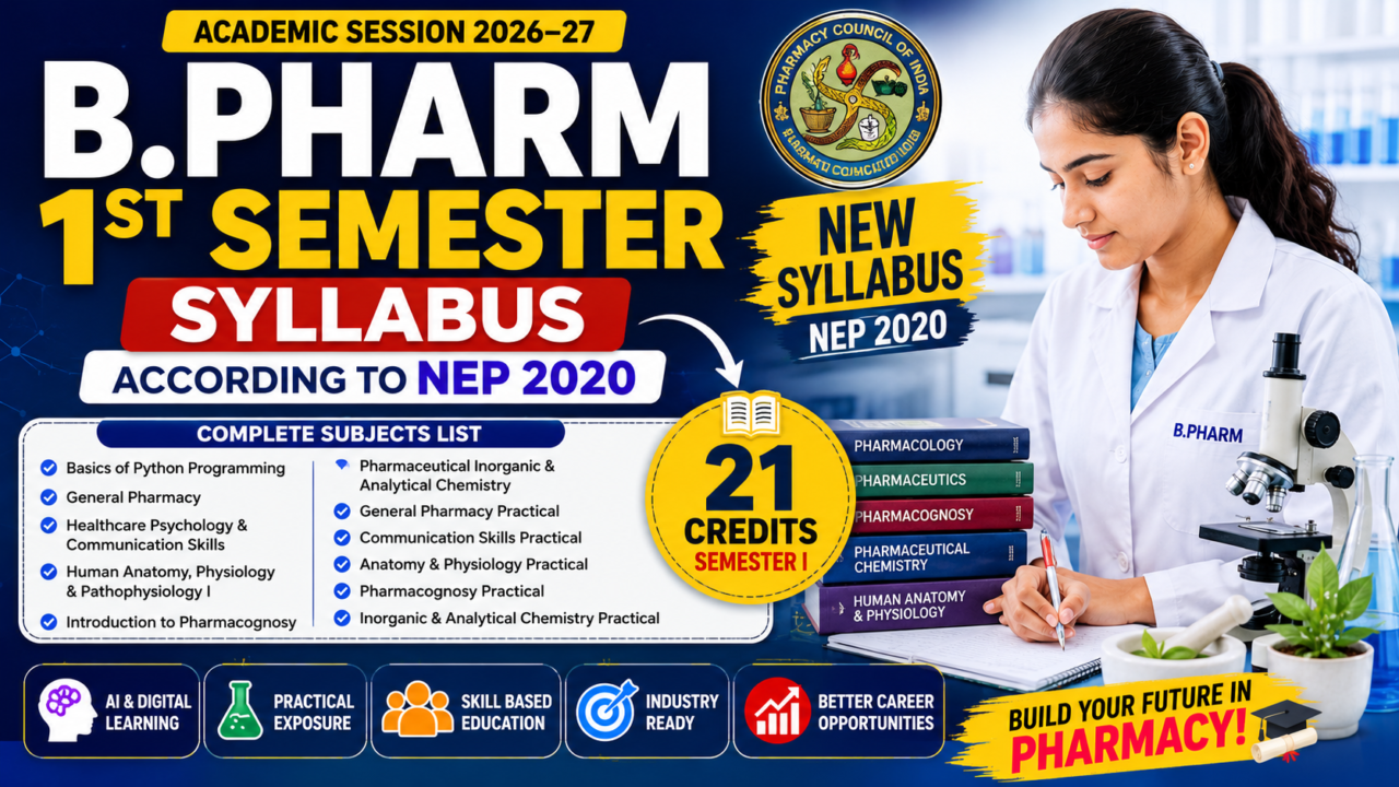 Colorful and eye-catching B.Pharm 1st Semester syllabus thumbnail featuring a pharmacy student in a laboratory, NEP 2020 curriculum highlights, complete subjects list, and 21 credits for academic session 2026–27.