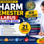 Colorful and eye-catching B.Pharm 1st Semester syllabus thumbnail featuring a pharmacy student in a laboratory, NEP 2020 curriculum highlights, complete subjects list, and 21 credits for academic session 2026–27.
