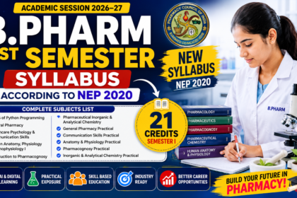 Colorful and eye-catching B.Pharm 1st Semester syllabus thumbnail featuring a pharmacy student in a laboratory, NEP 2020 curriculum highlights, complete subjects list, and 21 credits for academic session 2026–27.