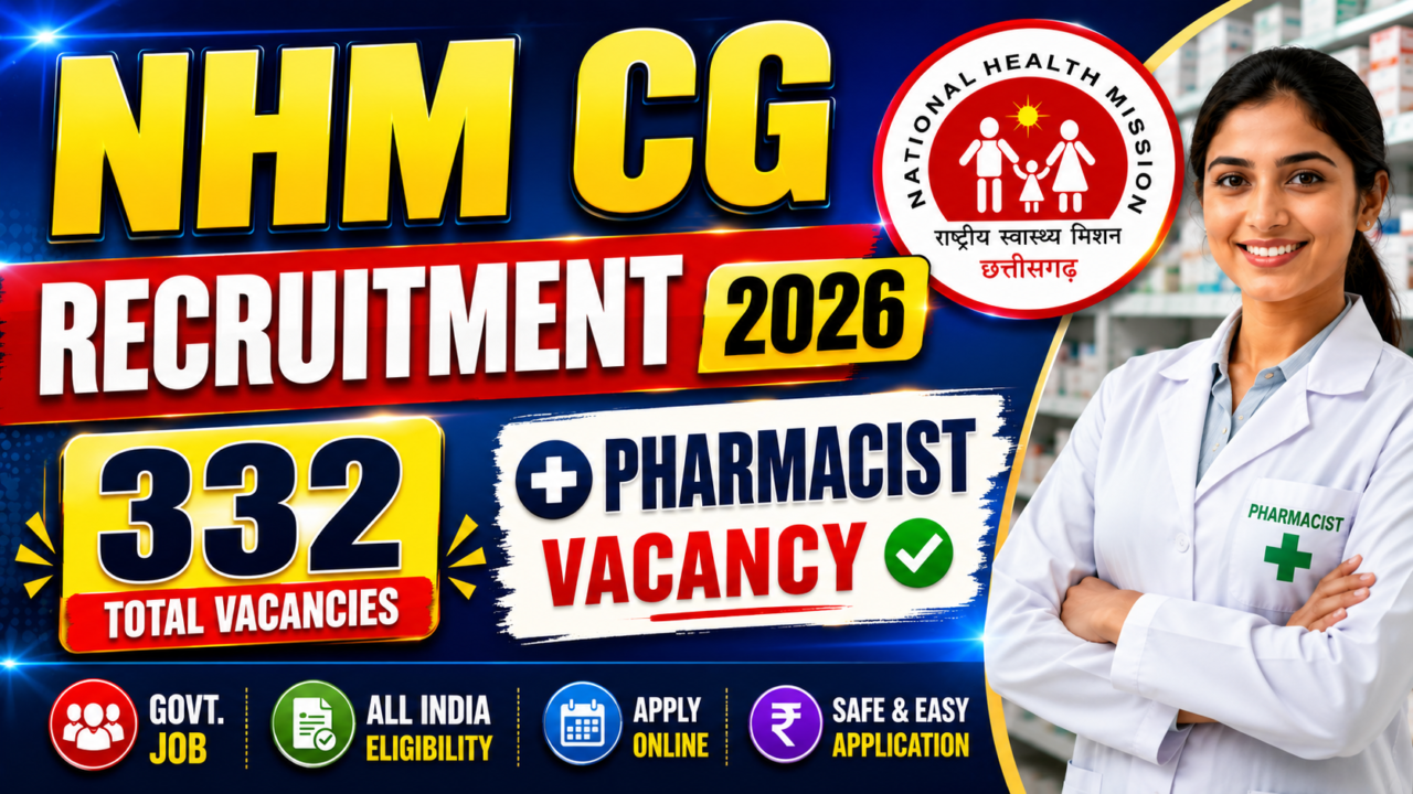 NHM CG Recruitment 2026 thumbnail featuring 332 total vacancies with pharmacist vacancy highlighted, colorful recruitment banner, and female pharmacist image.