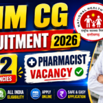 NHM CG Recruitment 2026 thumbnail featuring 332 total vacancies with pharmacist vacancy highlighted, colorful recruitment banner, and female pharmacist image.