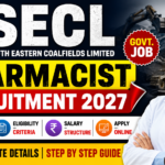 SECL Pharmacist Recruitment 2027 thumbnail featuring a female pharmacist, SECL logo, government job badge, salary, eligibility, vacancy details, and apply online information.