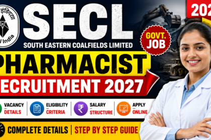 SECL Pharmacist Recruitment 2027 thumbnail featuring a female pharmacist, SECL logo, government job badge, salary, eligibility, vacancy details, and apply online information.