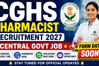 CGHS Pharmacist Recruitment 2027 thumbnail featuring a female pharmacist, CGHS logo, bold text “Central Govt Job” and “Form Date Soon” in bright blue, yellow, red, and white colors.