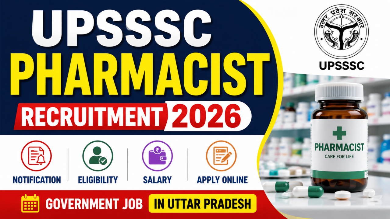UPSSSC Pharmacist Recruitment 2026 thumbnail featuring pharmacist job notification, eligibility, salary, and apply online information with pharmacy background.