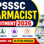 UPSSSC Pharmacist Recruitment 2026 thumbnail featuring pharmacist job notification, eligibility, salary, and apply online information with pharmacy background.
