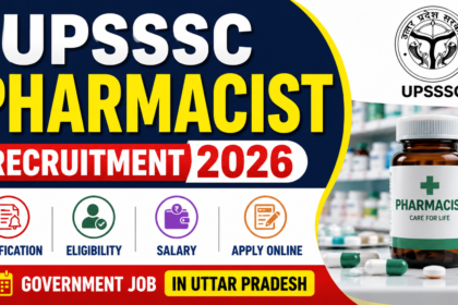 UPSSSC Pharmacist Recruitment 2026 thumbnail featuring pharmacist job notification, eligibility, salary, and apply online information with pharmacy background.