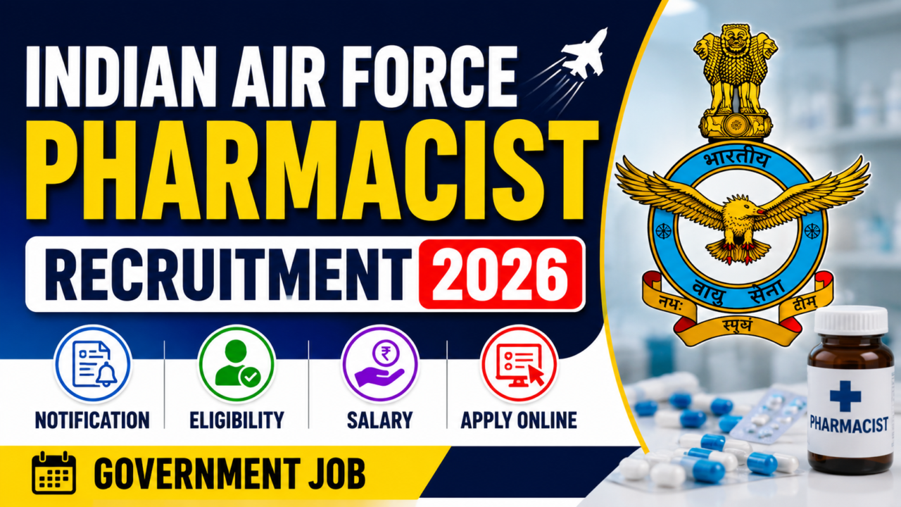 Indian Air Force Pharmacist Recruitment 2026 thumbnail with Air Force logo, pharmacist job banner, and apply online details.