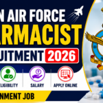 Indian Air Force Pharmacist Recruitment 2026 thumbnail with Air Force logo, pharmacist job banner, and apply online details.