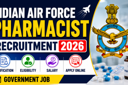 Indian Air Force Pharmacist Recruitment 2026 thumbnail with Air Force logo, pharmacist job banner, and apply online details.