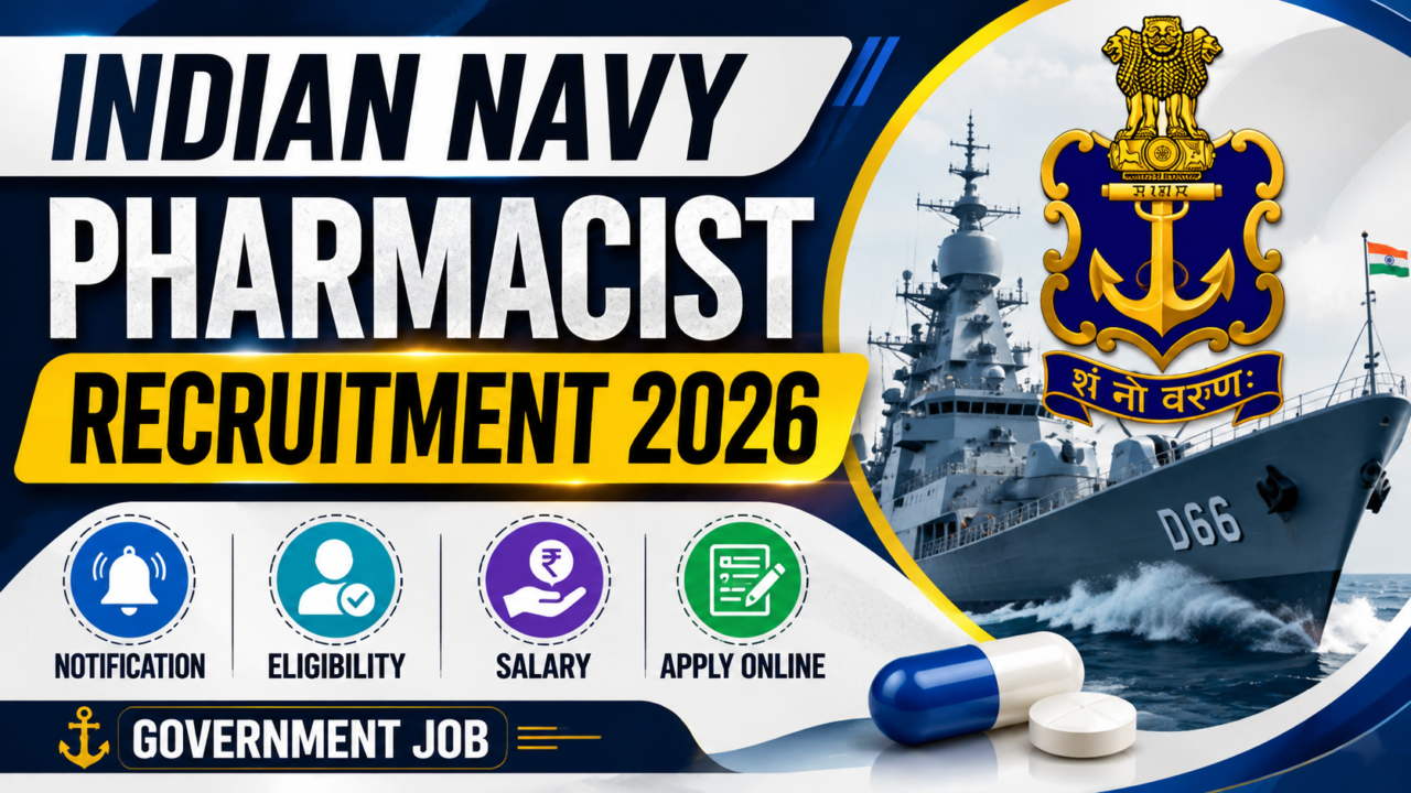 Indian Navy Pharmacist Recruitment 2026 thumbnail featuring Navy ship, Navy logo, pharmacist recruitment banner, and apply online details.
