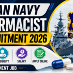 Indian Navy Pharmacist Recruitment 2026 thumbnail featuring Navy ship, Navy logo, pharmacist recruitment banner, and apply online details.