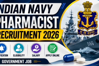 Indian Navy Pharmacist Recruitment 2026 thumbnail featuring Navy ship, Navy logo, pharmacist recruitment banner, and apply online details.