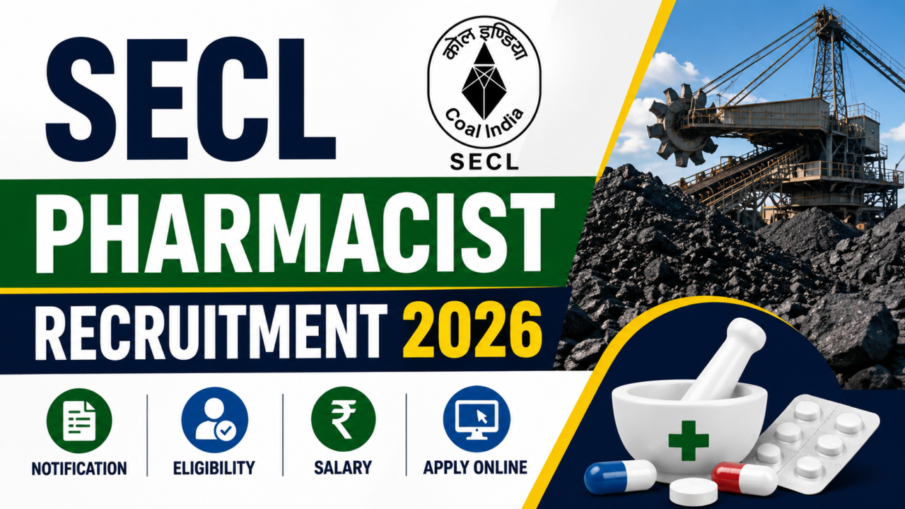 SECL Pharmacist Recruitment 2026 thumbnail featuring SECL logo, coal mining background, pharmacist recruitment banner, and apply online details.