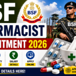 BSF Pharmacist Recruitment 2026 thumbnail featuring BSF soldier, BSF logo, pharmacist medicines, and government job apply online banner.