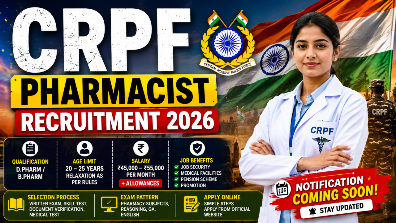CRPF Pharmacist Recruitment 2026 thumbnail featuring a female pharmacist, CRPF logo, Indian flag background, salary details, eligibility, and notification coming soon banner.