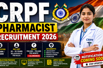 CRPF Pharmacist Recruitment 2026 thumbnail featuring a female pharmacist, CRPF logo, Indian flag background, salary details, eligibility, and notification coming soon banner.