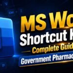 Attractive MS Word shortcut keys educational YouTube thumbnail featuring a large Microsoft Word logo on a dark blue background with bold yellow and white text for Government Pharmacist Exams.