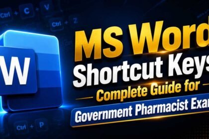 Attractive MS Word shortcut keys educational YouTube thumbnail featuring a large Microsoft Word logo on a dark blue background with bold yellow and white text for Government Pharmacist Exams.