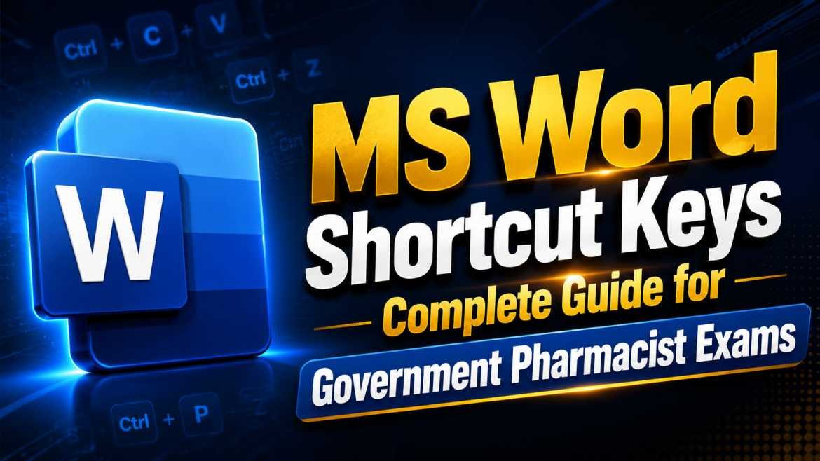 Attractive MS Word shortcut keys educational YouTube thumbnail featuring a large Microsoft Word logo on a dark blue background with bold yellow and white text for Government Pharmacist Exams.
