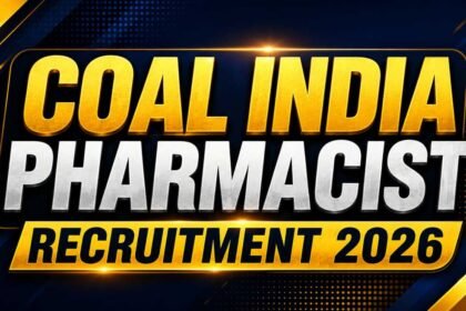 Bold and modern thumbnail for Coal India Pharmacist Recruitment 2026 featuring metallic gold and silver typography on a dark blue background with glowing cinematic effects.