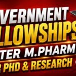 Bold educational thumbnail with a vibrant red background featuring “Government Fellowships After M.Pharm For PhD & Research” in premium 3D typography along with graduation cap, laboratory flask, and pharmaceutical elements.