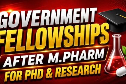 Bold educational thumbnail with a vibrant red background featuring “Government Fellowships After M.Pharm For PhD & Research” in premium 3D typography along with graduation cap, laboratory flask, and pharmaceutical elements.