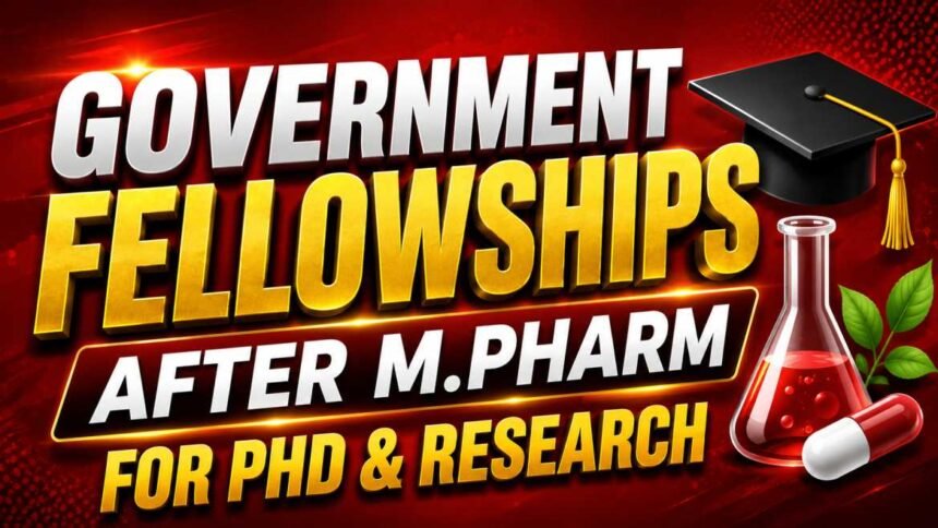Bold educational thumbnail with a vibrant red background featuring “Government Fellowships After M.Pharm For PhD & Research” in premium 3D typography along with graduation cap, laboratory flask, and pharmaceutical elements.