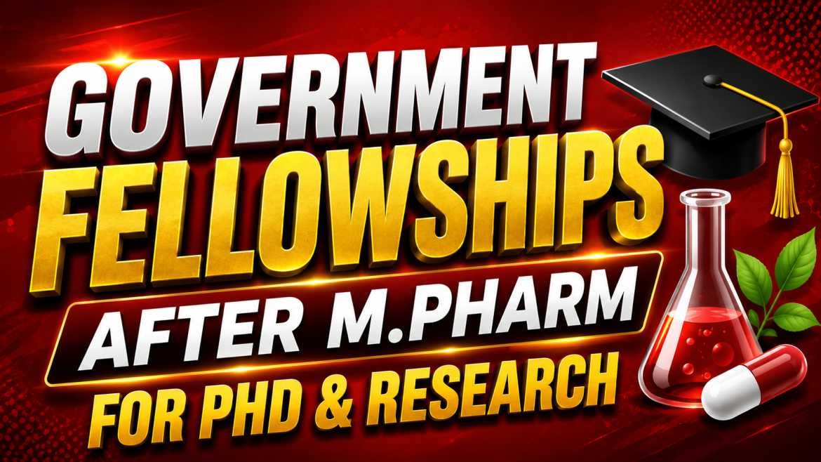 Bold educational thumbnail with a vibrant red background featuring “Government Fellowships After M.Pharm For PhD & Research” in premium 3D typography along with graduation cap, laboratory flask, and pharmaceutical elements.