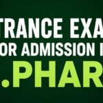 Simple M.Pharm entrance exams thumbnail with bold white and green text on a dark green background in a clean educational design.