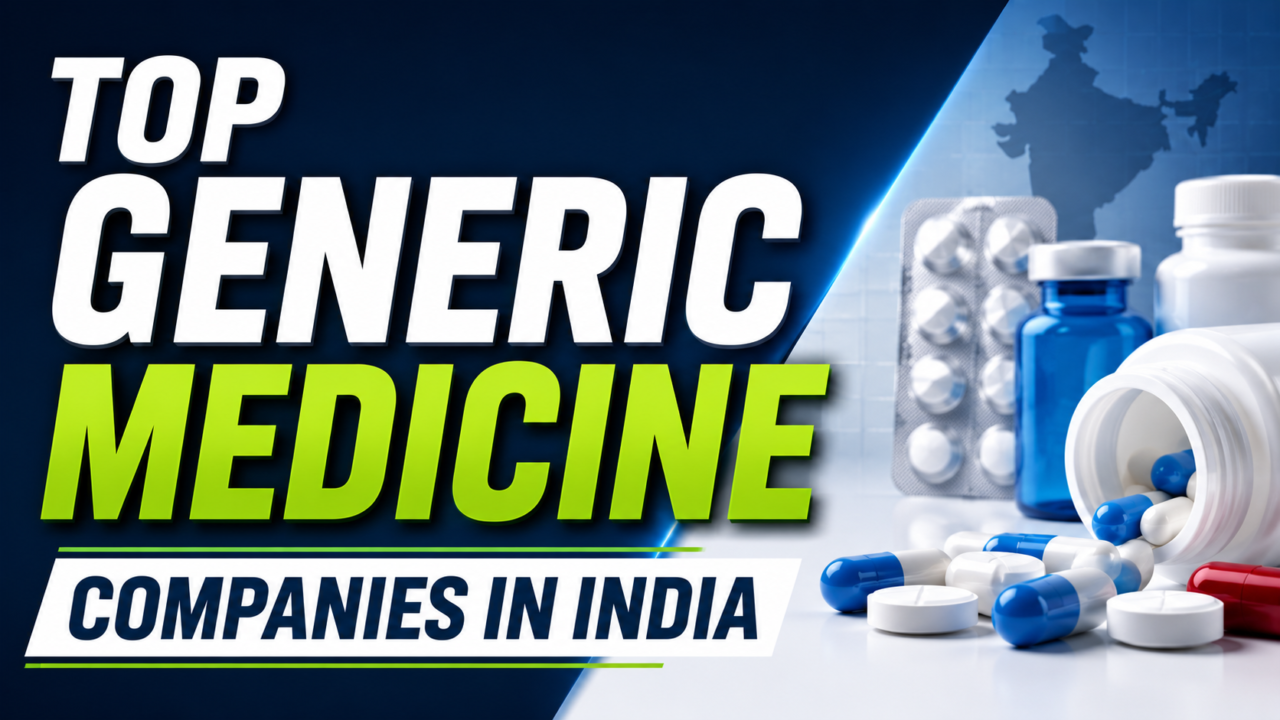 Modern pharmaceutical blog thumbnail featuring medicine capsules, bottles, and bold text about top generic medicine companies in India on a dark blue background.